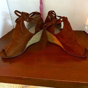 BC Born in California Brown Suede Peep Toe Wedge Sandals – Women’s Lace-Up Heels